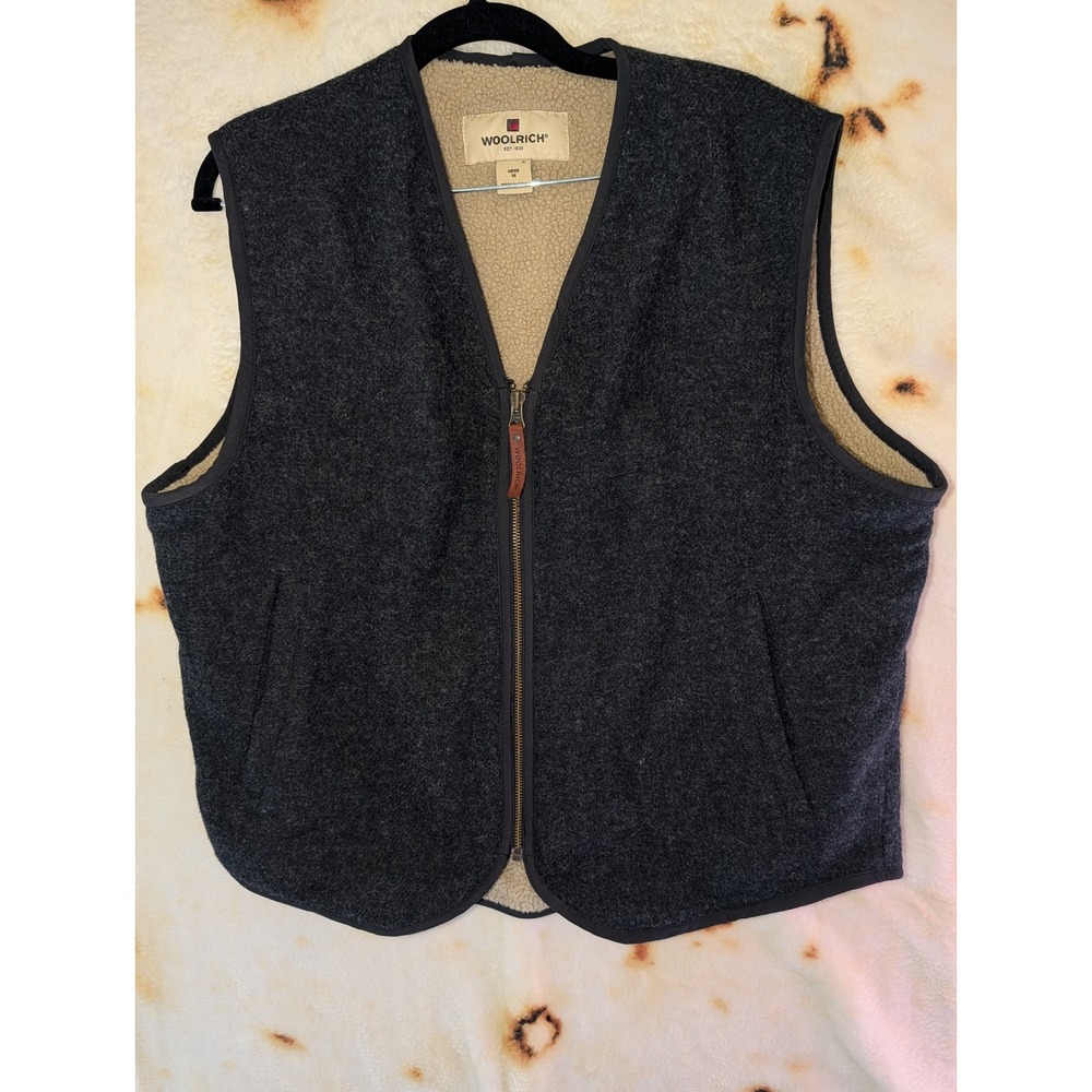 Woolrich Vest Mens Size M Charcoal Gray Wool Blend Sherpa Lined Full Zip 412